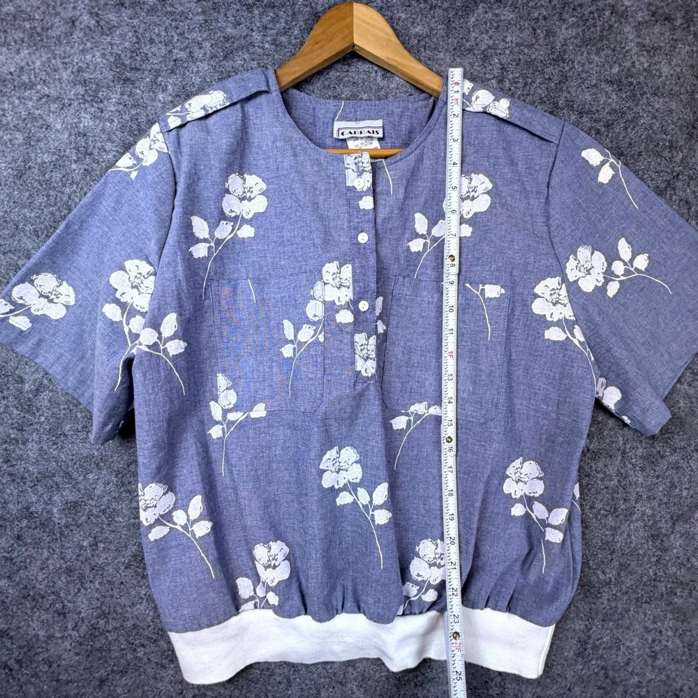 Vintage Cabrais Blouse Top Womens 16 Blue White Floral Coastal Chic Banded Waist - Picture 4 of 7